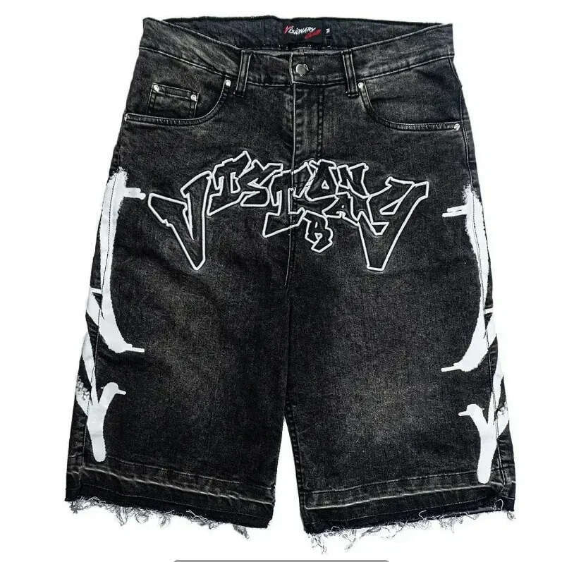 Free Shipping Men's Distressed Denim Short Rhinestone Graffiti Print Retro Hip Hop Street wear Baggy Short Pants Summer Jorts Daily Outfit