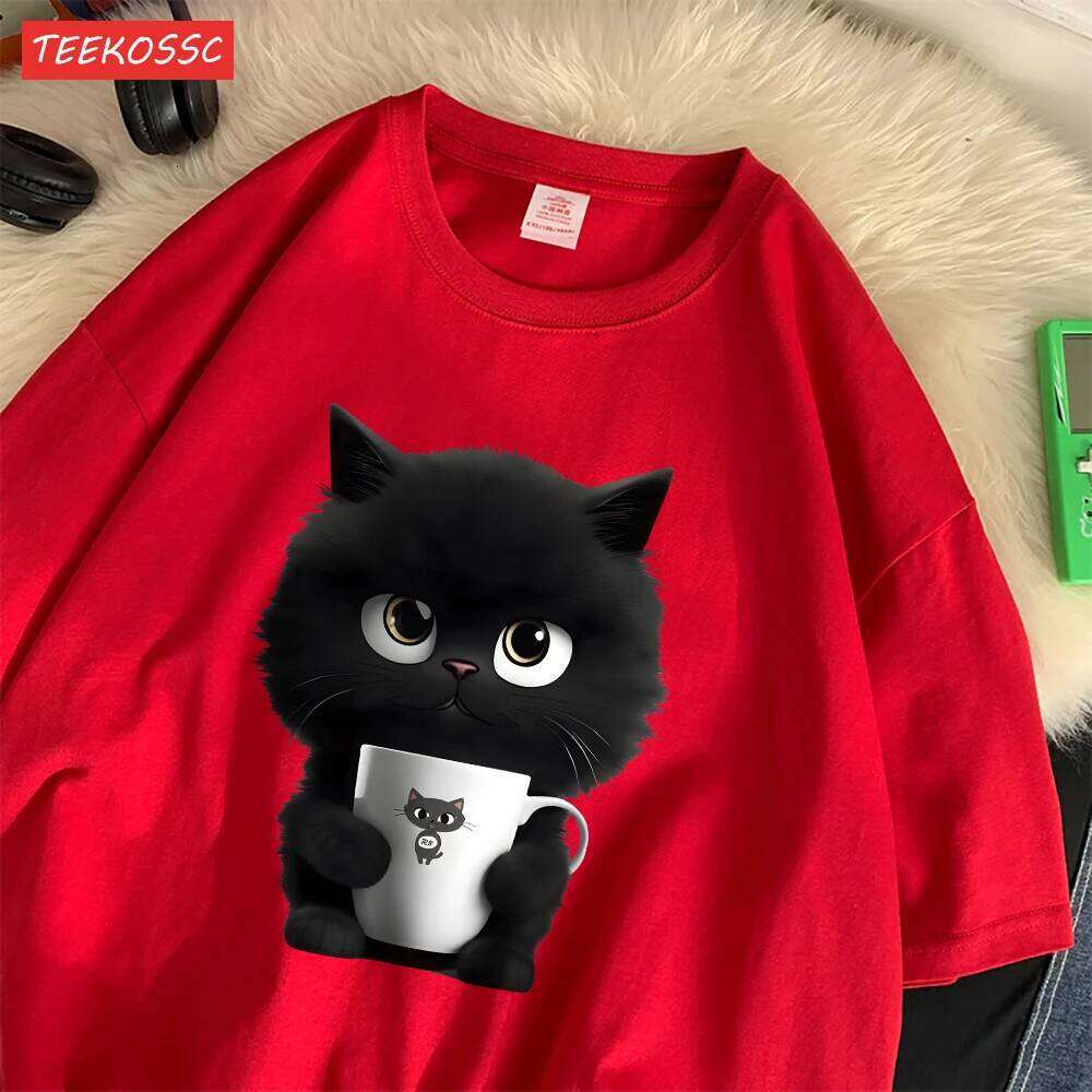 Summer Cotton Women'S T-Shirts A Kitten Holding Cup Printing Streetwear Breathable O-Neck Loose Casual Street Female Clothes X260209