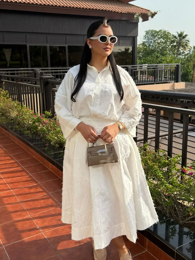 HH Women Tassel Sets White TurnDown Collar SingleBreasted ShirtsHigh Waist Zipper ALine Long Skirts Female Holiday Suit 250203