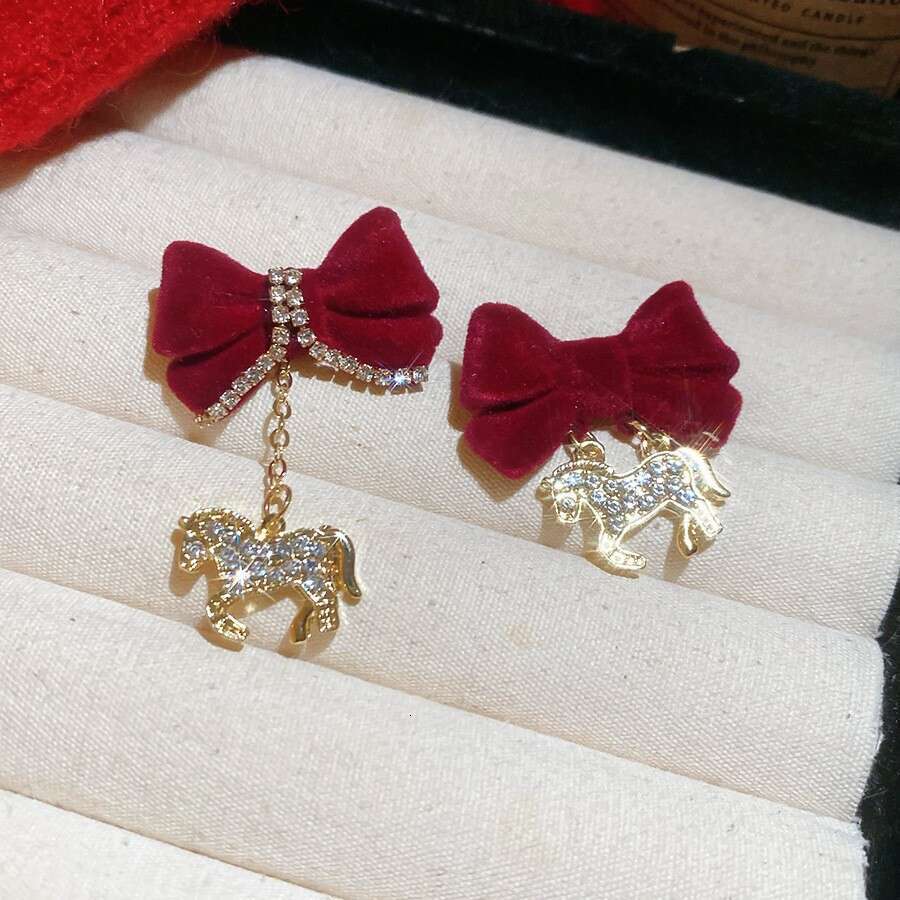 Chinese Gold Earrings Plated Zodiac Horse with Flocked Pony Pearl and Red Crystal Accents Light Luxury for Festival and 1 Cultural Celebration High Qu