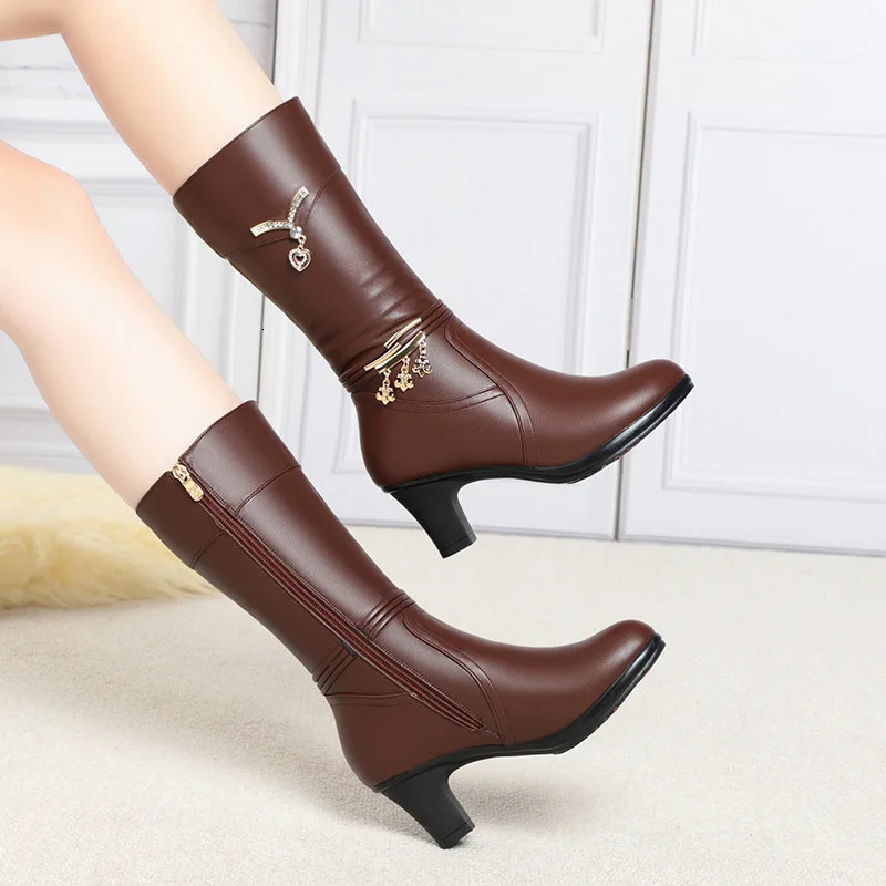 Women Comfortable Fleece Medium Boots Autumn Winter Style Thick Heel Side Zipper Pointed Fashion High Heels Elegant 260208