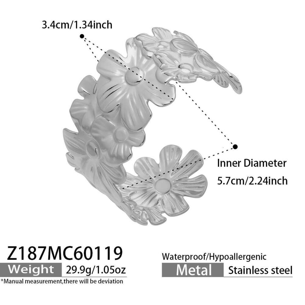 Heavy-duty exaggerated floral butterfly leaf design bracelet, stainless steel plated with 18K gold, open bangle, vintage women's jewelry