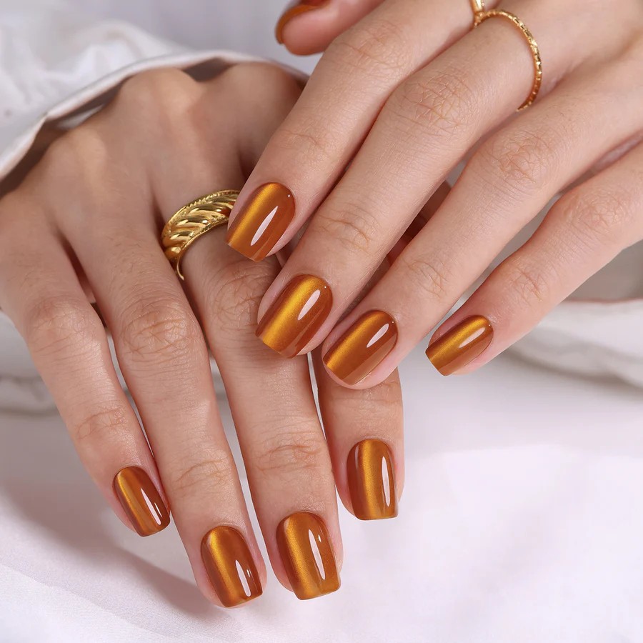 Burnt Orange Cat Eye Short Square Nails stick-on with glue included 16 sizes - 32 pieces reusable