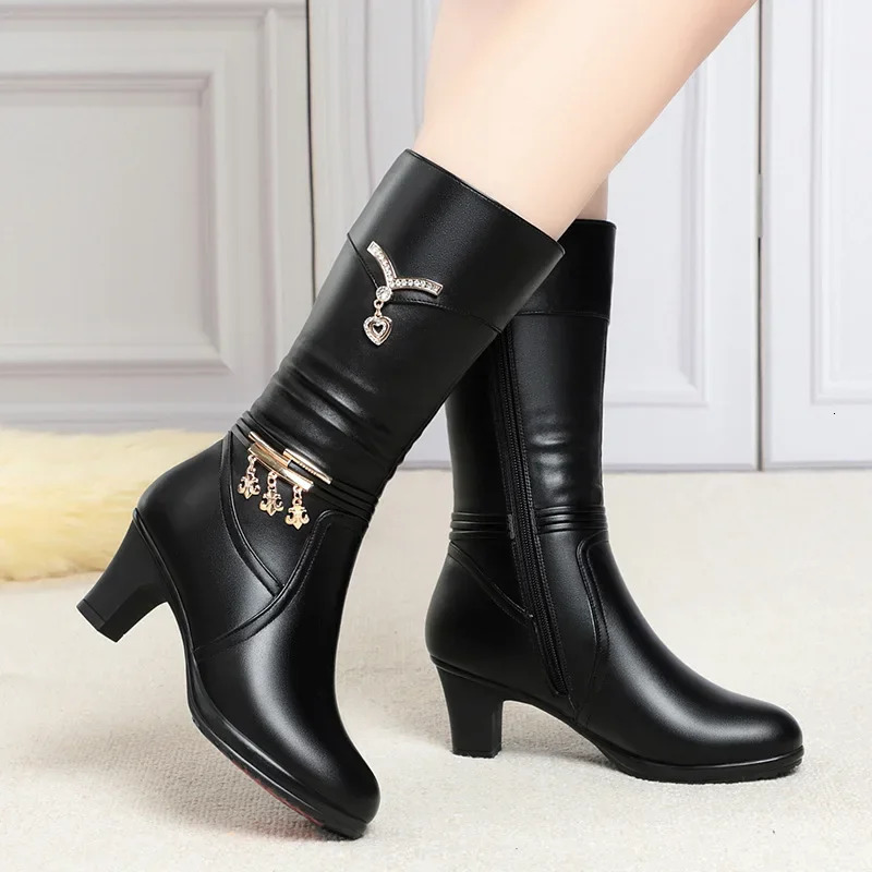 Women Comfortable Fleece Medium Boots Autumn Winter Style Thick Heel Side Zipper Pointed Fashion High Heels Elegant 260208