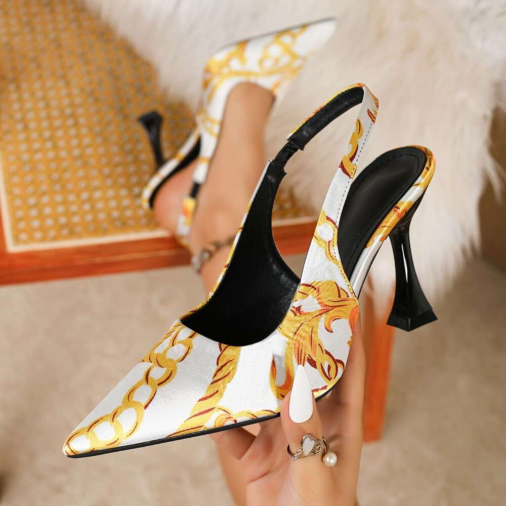Elegant Women S Sandals Printed Chain Pointed Toes Featuring Comfortable High Heels With A Trumpet Thin Heel These Black High End Shoes Exude Luxury M