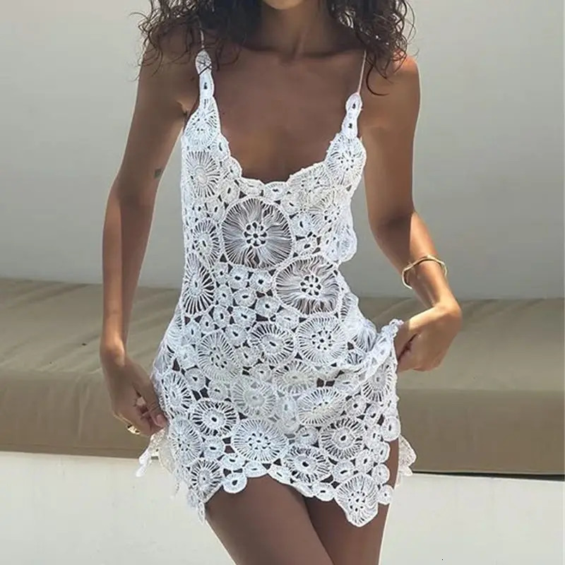 Combhasaki Women Summer Boho Knitted Crochet Halter Neck Swimsuit Coverups VNeck Hollow Out Irregular Hem Short Mini Beach Dress 260118