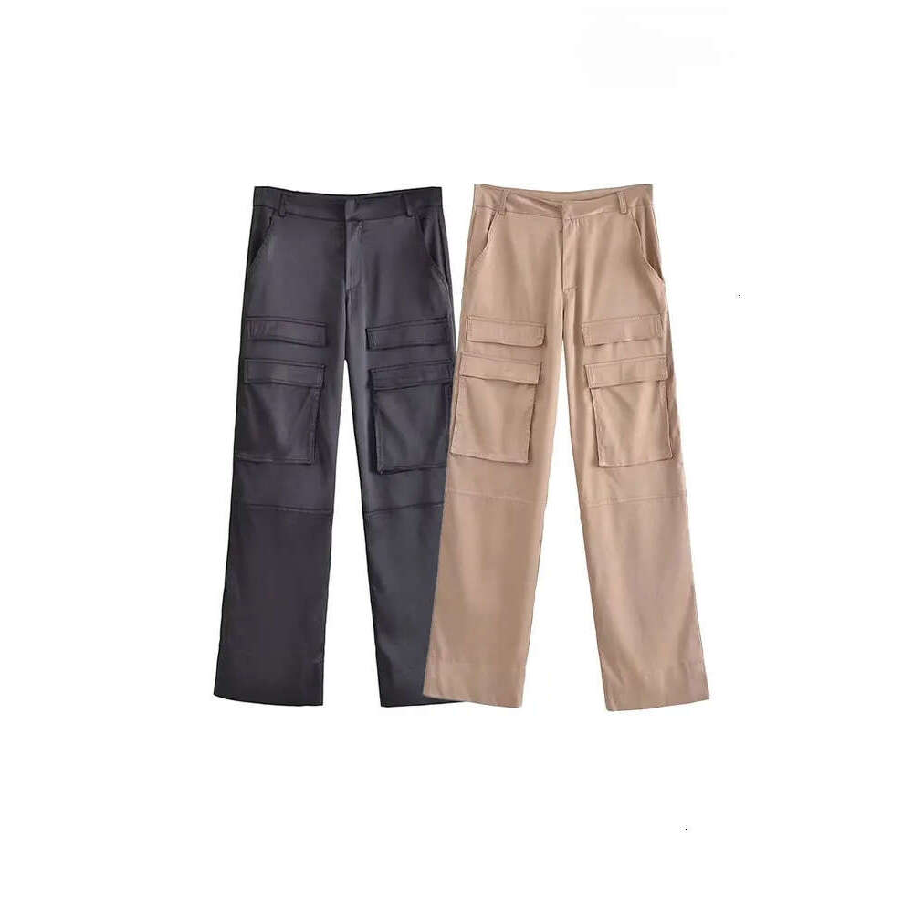 Women's Capris TRAF Women Fashion With Pockets Satin Cargo Pants Vintage High Waist Zipper Fly Female Trousers Mujer 230321 H260209