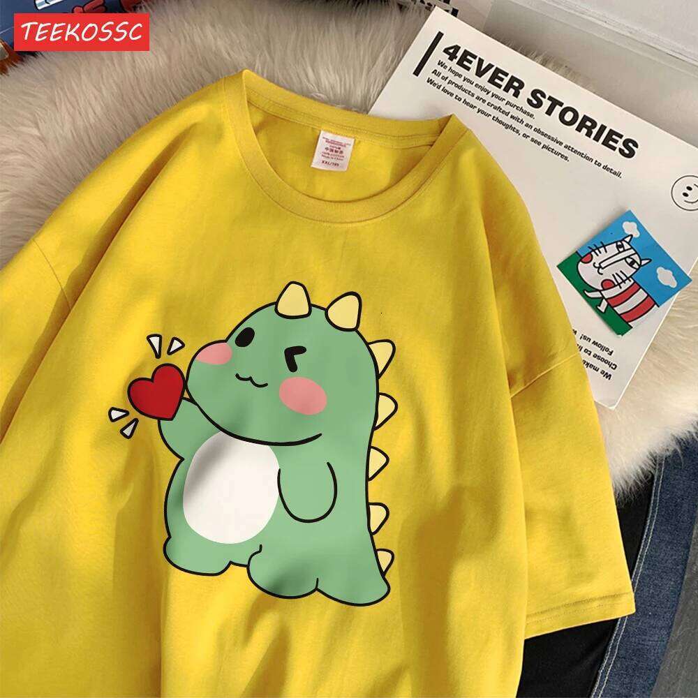 Trend Cotton Women'S T-Shirts Cute Little Dinosaur Confesses Love Printing Tee Shirts Soft Loose O-Neck Summer Female Clothes X260209