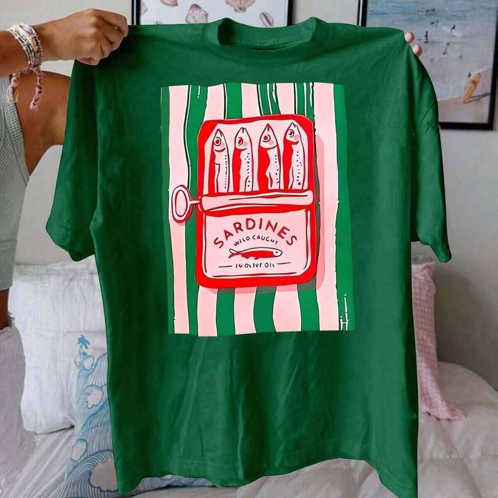 Summer Sardine Printed Cotton T-Shirt Round Neck Breathable Material Short Sleeve Casual Fashion Women'S Top X260209