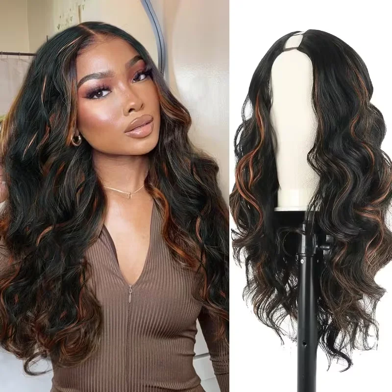 Body Wave 1B/30 Highlight V Part Wig 220 Density Loose Body Wave Human Hair Wig V Shape Clip in Half Wigs No Leave Out No Sew In