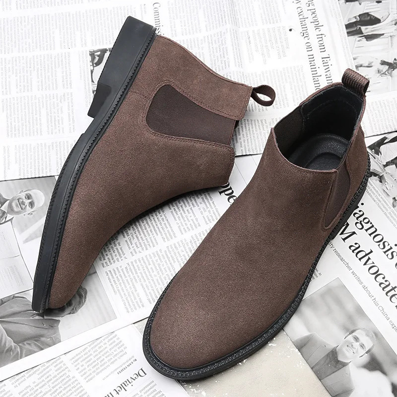 Black Suede Shoes Mens Chelsea Boots Winter Casual Genuine Leather Ankle Pointed Toe Short Men Hightop 260208