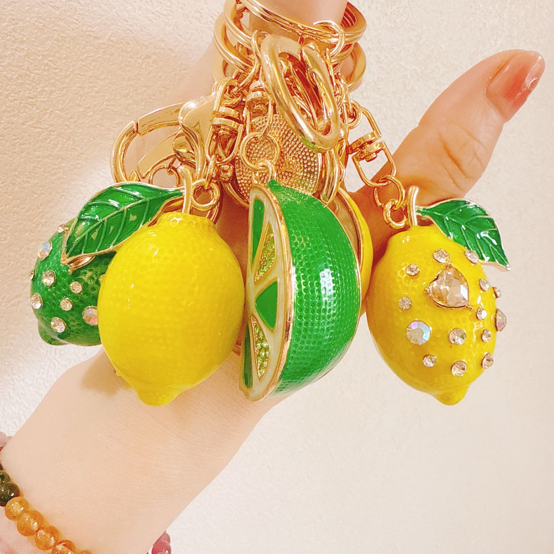 Creative Cute Alloy Rhinestone Oil Drop Simulation Fruit Lemon Keychain Car Bag Pendant Supermarket Gift