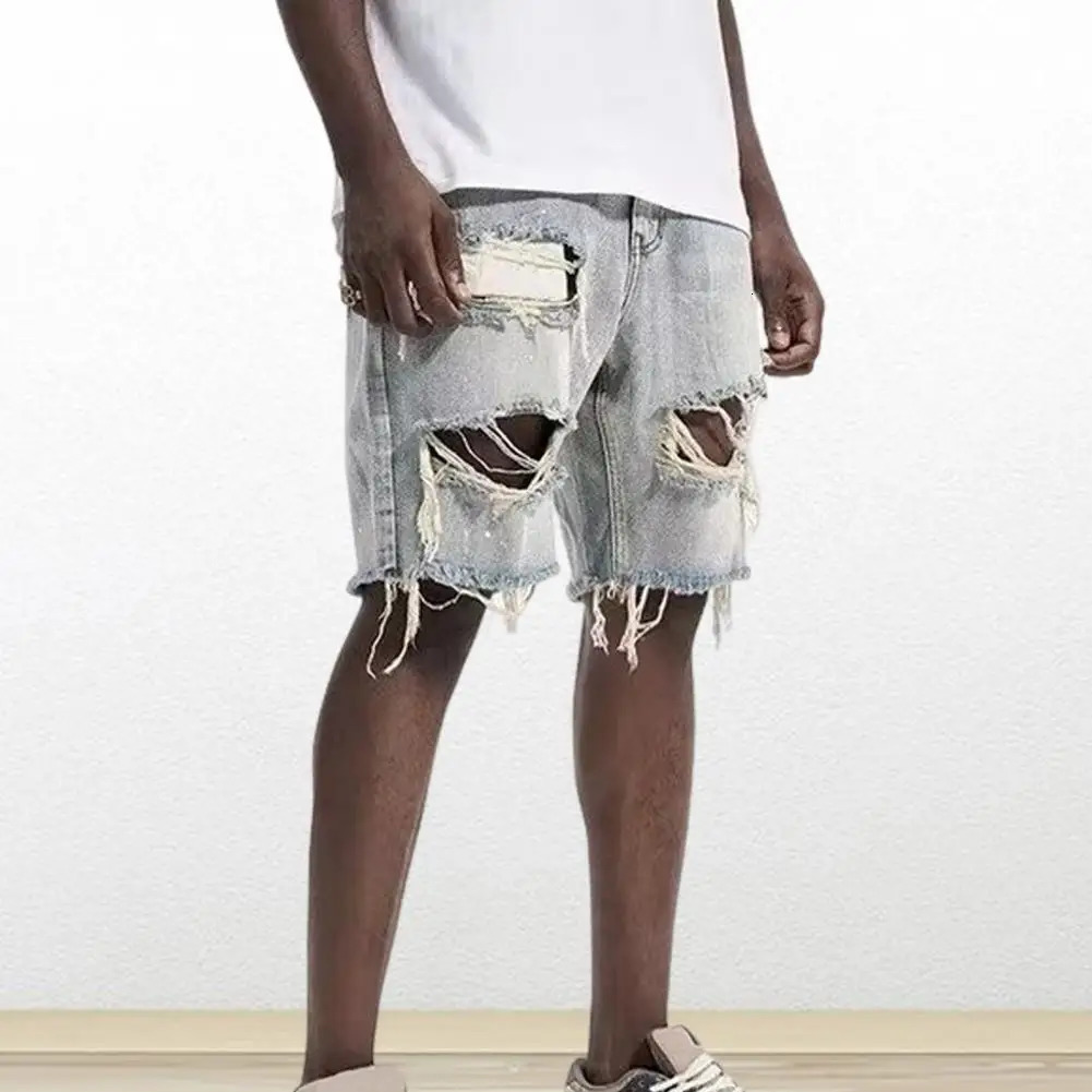 Men Denim Shorts Button Zipper Fly Multi Pockets Short Jeans Straight Fit Ripped Holes Knee Length Distressed Denim Shorts 260208