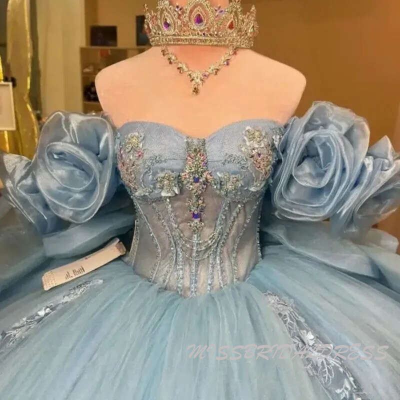 Blue Quinceanera Handmade 3D Flowers Ruffles Applique Beads Tulle Court Train Sweet 16 Birthday Party Dresses 0209