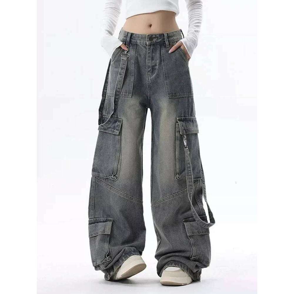 Cargo Jeans for Women Baggy Street Chic All-match Daily Vintage High Waist Trousers Autumn Popular Multi-pockets Classic