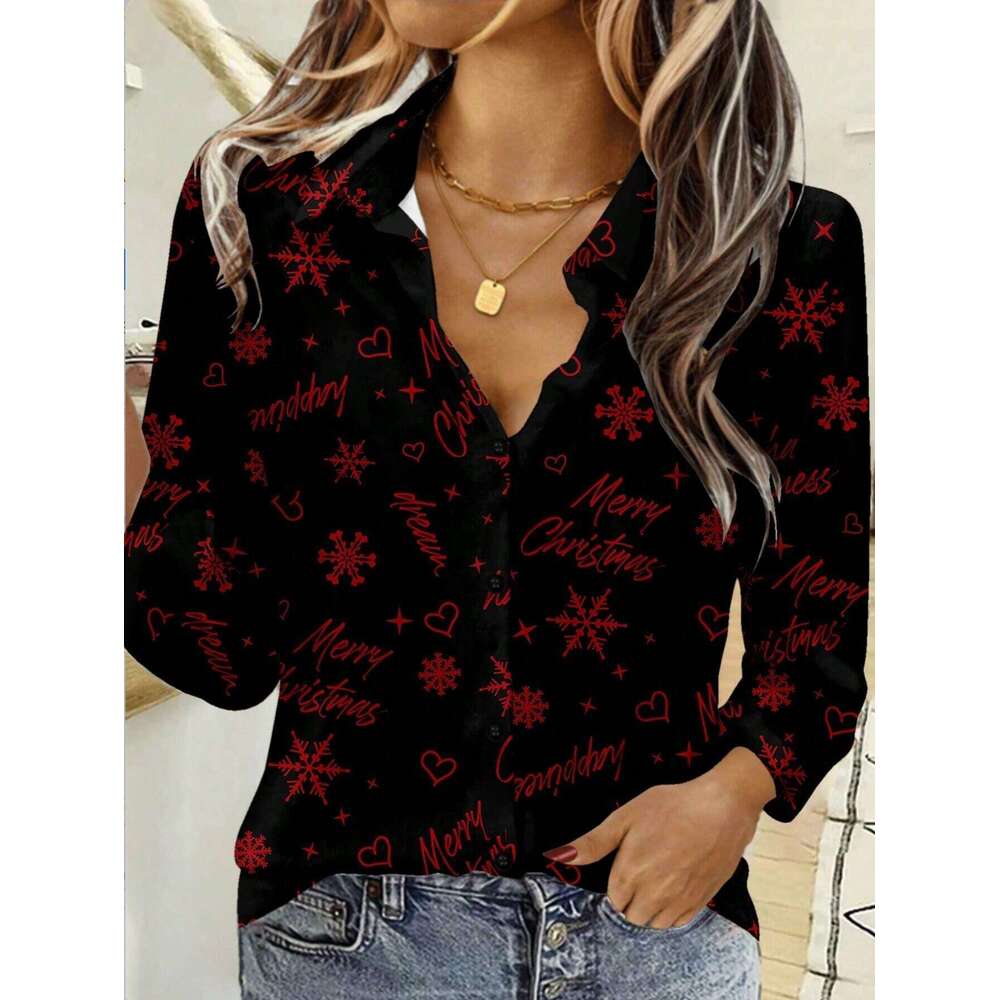Women's Heart Print Button Down Shirt with V Neck, Long Sleeve Casual Top for Spring Summer Love Heart Print Pattern Office Lady Blouse Shirts