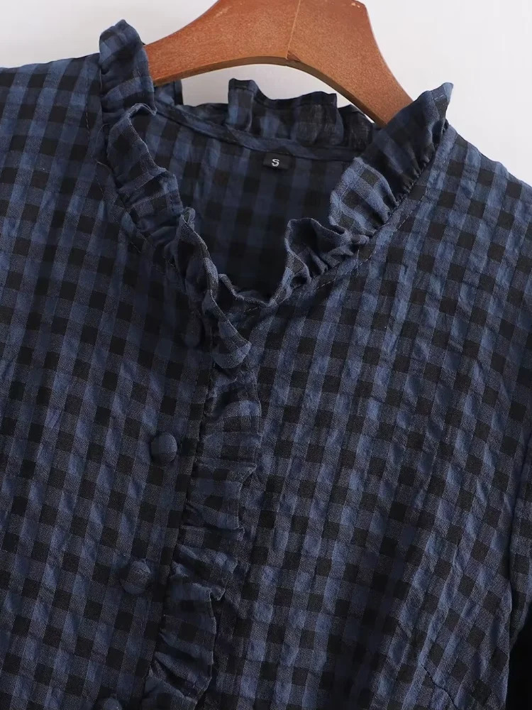 Casual Blue Plaid Ruffle Long Jumpsuit Women Chic Full Sleeves Single Breasted Loose Jumpsuits 2026 Lady Spring Autumn Wear 260126