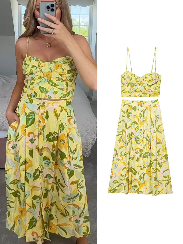TFMLN Women Floral Print Skirt Two Piece Set Sexy Crop Sling Camisole Casual Beach Holiday Style A-line Skirts Sets Female 260208