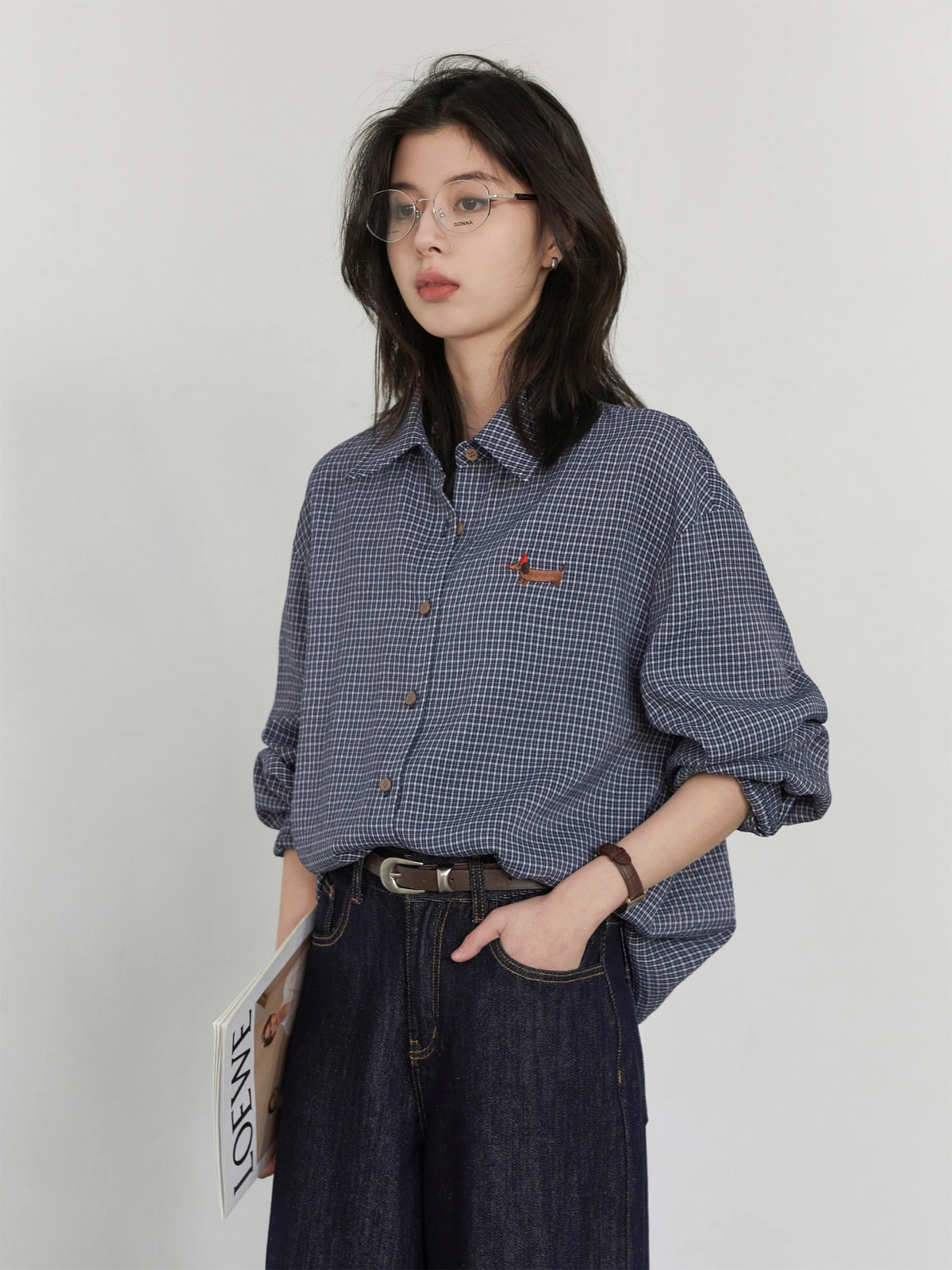 CHIC VEN Women Shirt Long Sleeve Single Breasted Loose Casual Embroidered Plaid Blouses Retro Female Top Spring Summer 260207