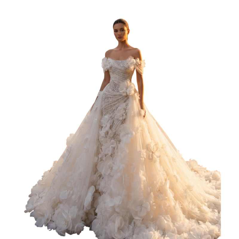 Luxury Vintage Wedding Dresses Off The Shoulder Lace 3D Floral Appliqued Luxury Country Wedding Dress Vestidos De Novia