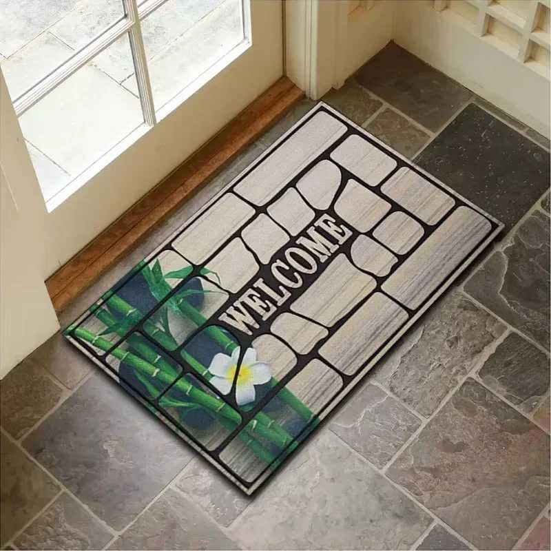 Stone Pattern Door Mat with Welcome Home Design Durable Non Slip Rug Decorative Floor Protector for Front Entrance and Porch S260207