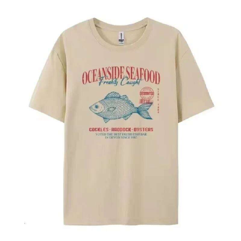 Summer American Ins Personalized Seafood Graphic T-shirts Fashion Y2K Aesthetic Street Clothing Short-sleeved Loose Tops X260209