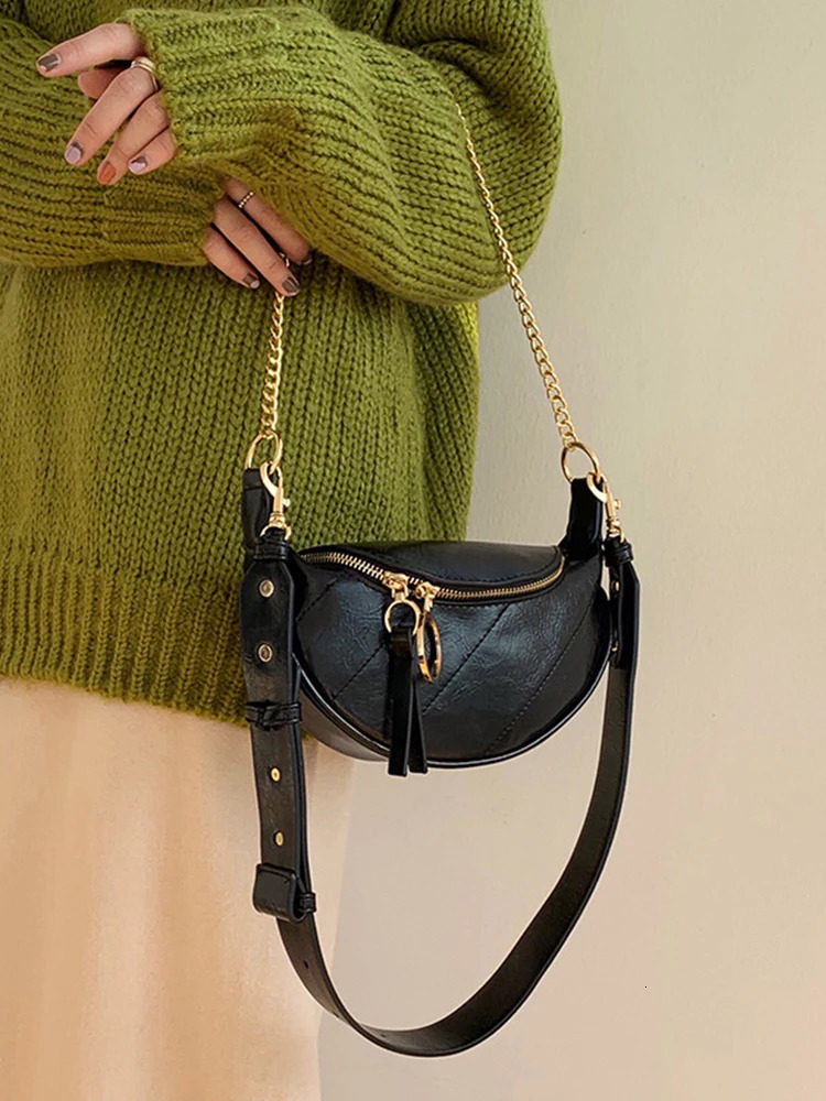 Womens Black Waist Bag with Chain Fashion Casual Daily Commuting Crossbody Bag Versatile Small Bag for All Seasons 260130