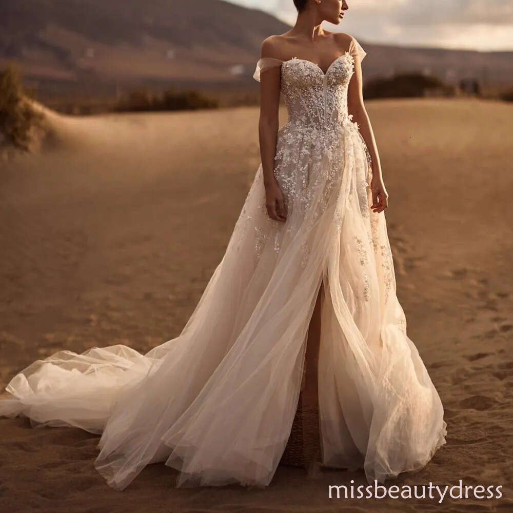 Customized Chic Lace Embroidery Wedding Dress with Split Off the Shoulder A Line Boho Bride Dresses Corset Vestidos de novia BC17264F09