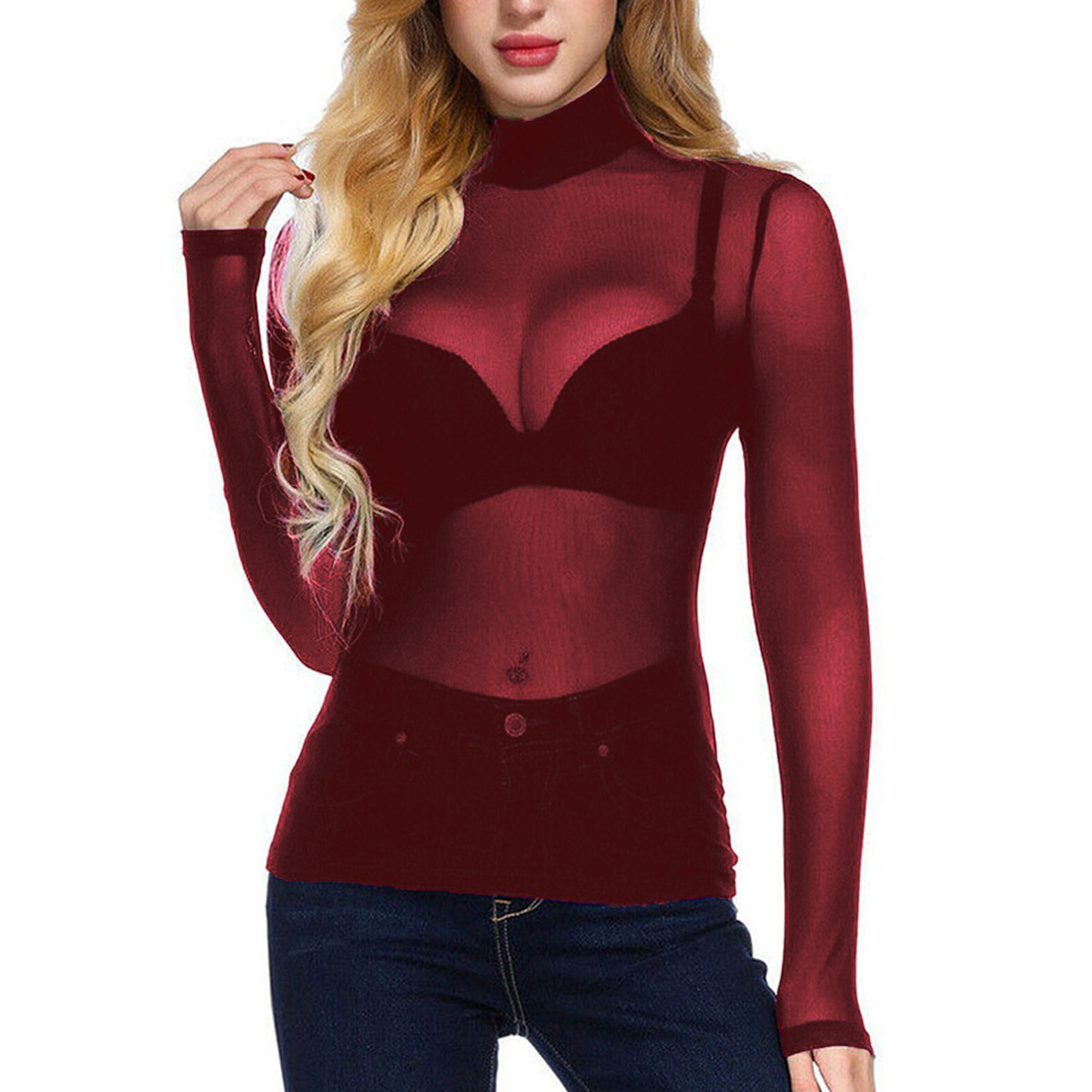 Versatile Womens Base Layer Sexy Ultra-Thin Mesh High Elasticity Tight-Fitting Long-Sleeve Semi-High Collar Base Shirt 240618