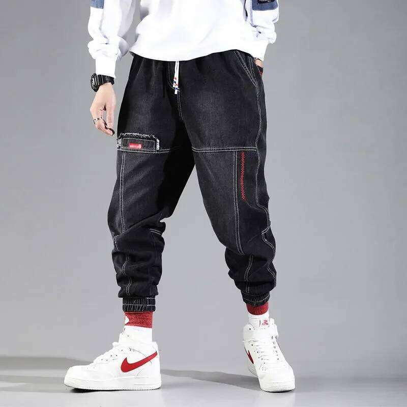 Plus Size 5XL Men's Baggy Harem Hip Hop Male Trousers Black Blue Cargo Jeans Man Fashion Streetwear Denim Jogger Pants