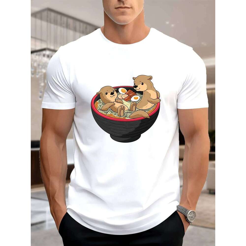 New Arrival Fashion Men's Graphic Print T-Shirt Adorable Eating Noodles Design 100% Cotton Breathable Casual Versatile Ult X260209