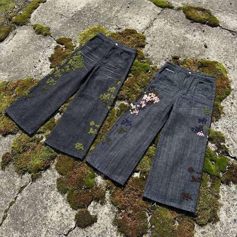 Y2K baggy Jeans Harajuku Fallen Moss Premium towel embroidery Vintage American fabric jeans Hip Hop wide leg pants streetwear