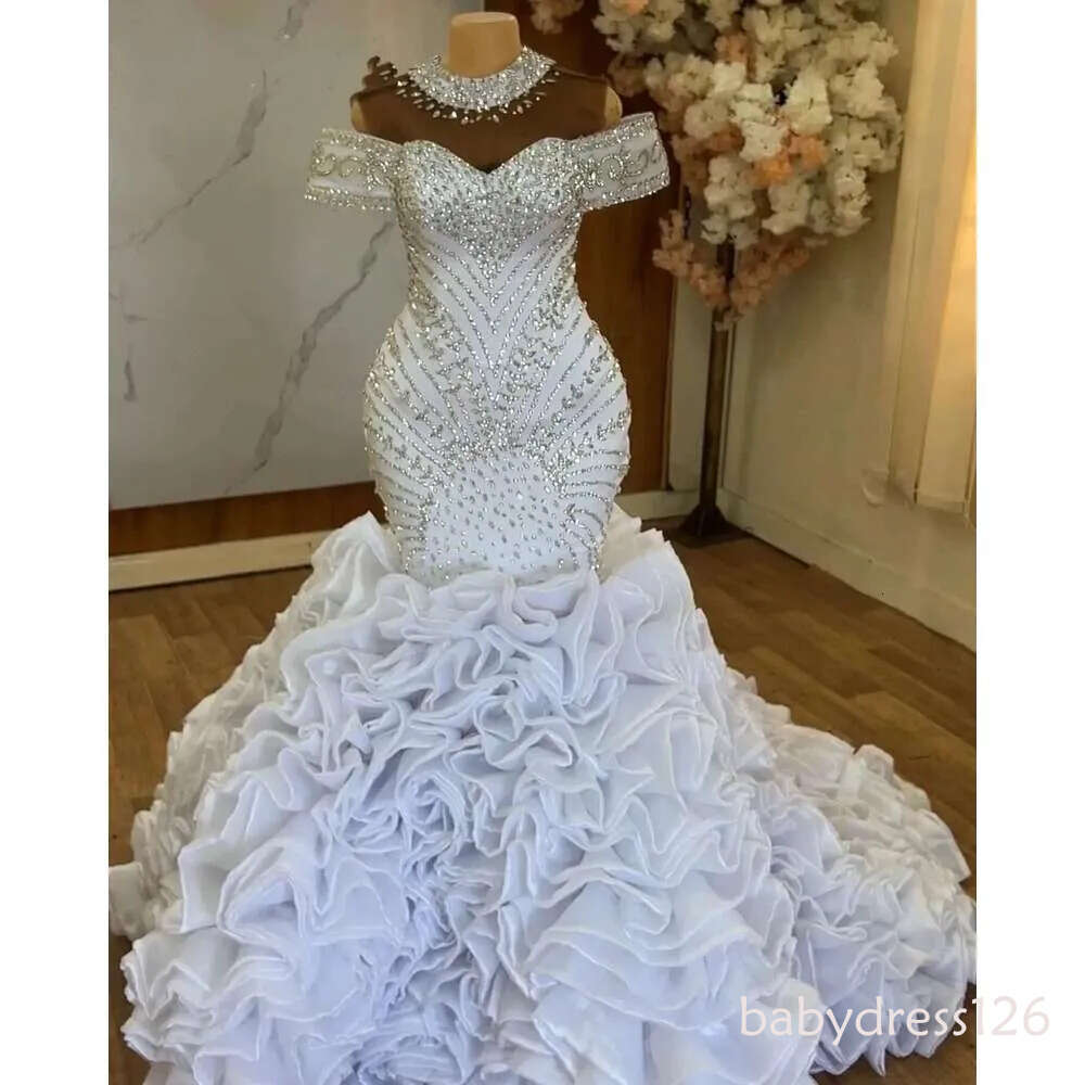 Customized Shinny Crystals Beads Wedding Dress For Bride Organza Cascading Ruffles Arabic Aso Ebi Bridal Gowns