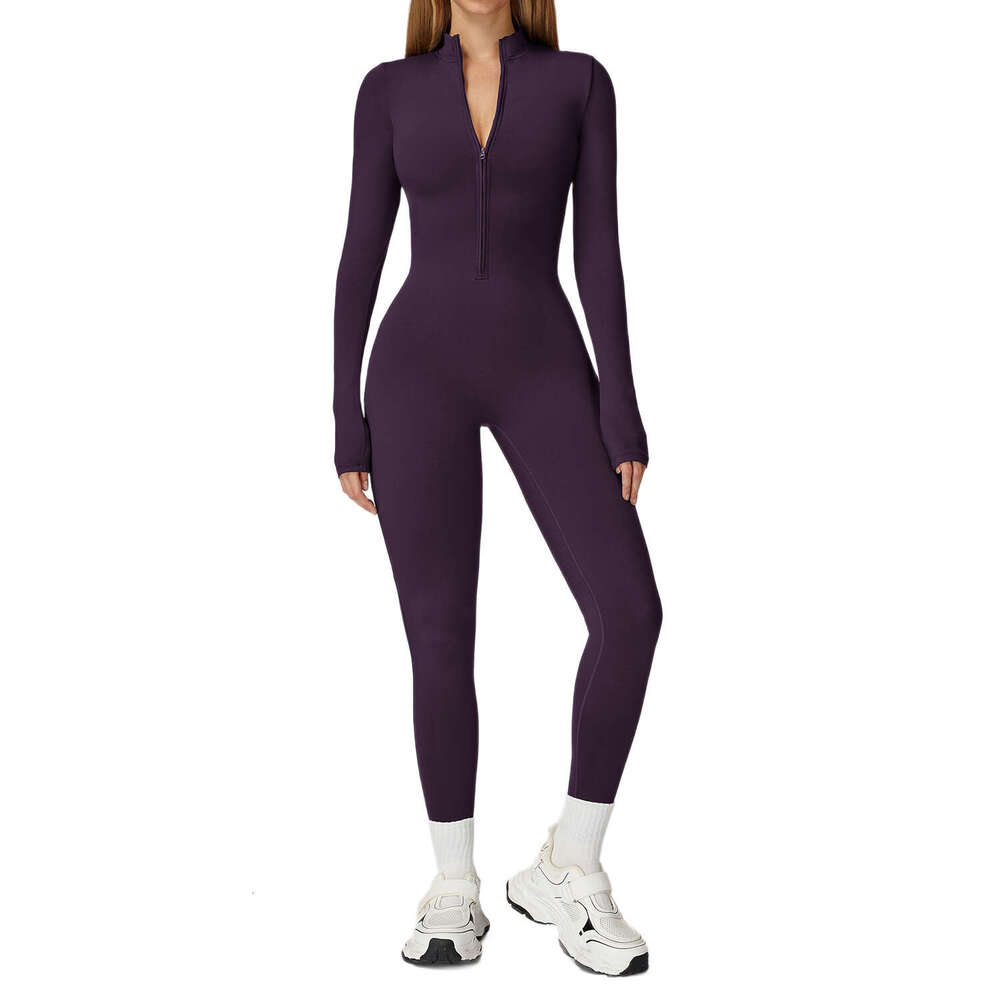 Fleece-lined warm cross-border yoga suit, long-sleeved, half-zip, high-intensity integrated sports one-piece fitness suit