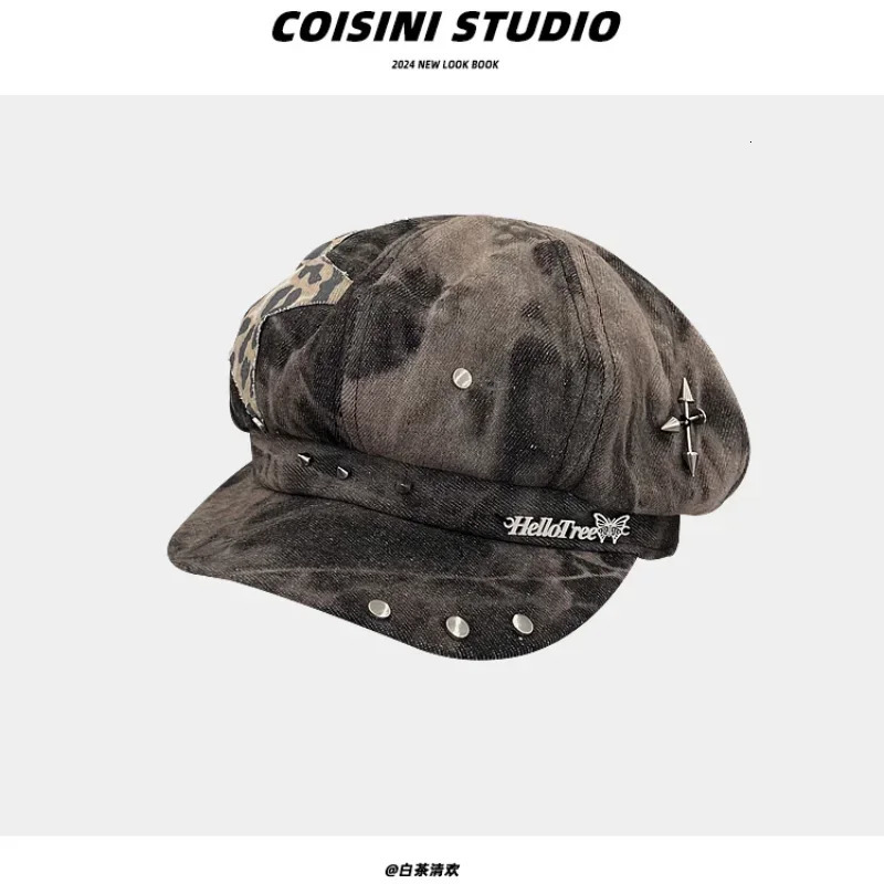 Y2K Personalized Star Sticker Rivet Berets Caps for Women Spring and Autumn Fashion Versatile Retro Tie-dye sboy Hats 260205