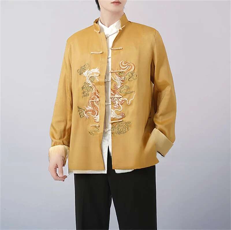 Mardi Hefxessdr Autumn New Male Tang Clothes Satin Embroider Dragon Jacket Chinese Martial Arts Costume Men Festival Gift Big Size Xl