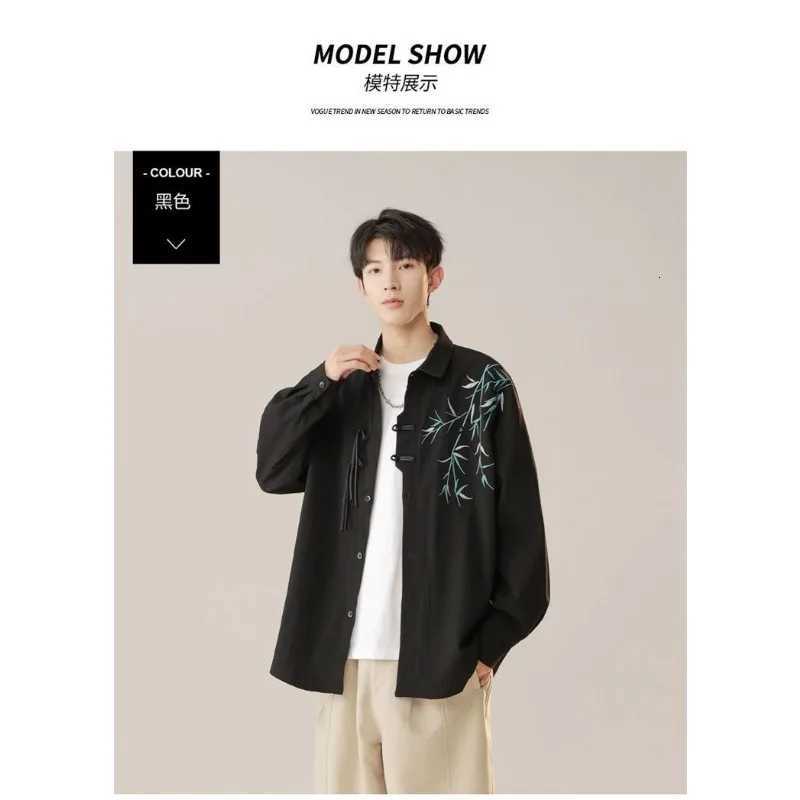 Chinese Style Green Bamboo Embroidered Long-sleeved Shirt for Boys New Chinese Style Autumn New Retro Button Splicing Cardigan C260209