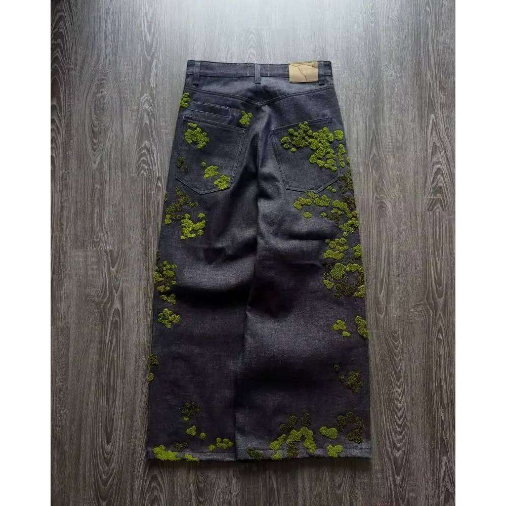 Y2K baggy Jeans Harajuku Fallen Moss Premium towel embroidery Vintage American fabric jeans Hip Hop wide leg pants streetwear