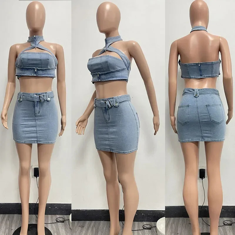 Sexy Denim Two Piece Set Women Y2K Clothes Zipper Halter Hollow Out Backless Crop Top and Mini Skirt Club Party Matching Sets 250203