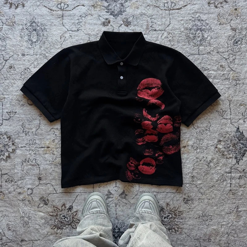 Y2K Polo shirt Harajuku Graphic Print Rock Goth Oversized Short Sleeve T-shirt Hip Hop Button-down collar shirt Punk Casual Tee 260208