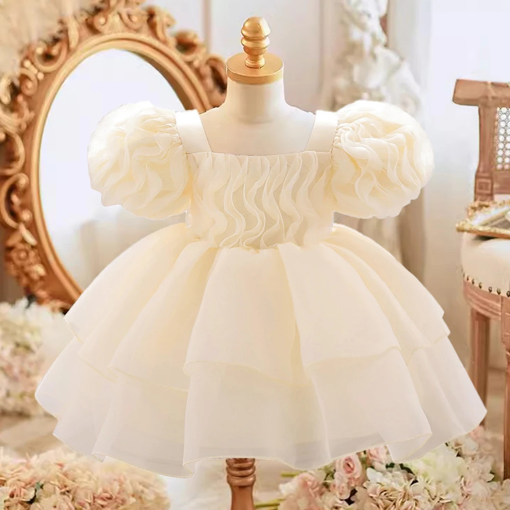 Fluffy Tulle Baby Girl Party Dress Puff Sleeve White 1st Birthday Baptism Wedding Princess Dresses Girls Bridemaid Baby Clothing 260124