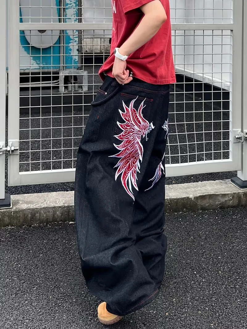 Y2K Grunge Black Washed Jeans Men Red Phoenix Wing Print Baggy Wide Leg Streetwear Denim Pants 260208