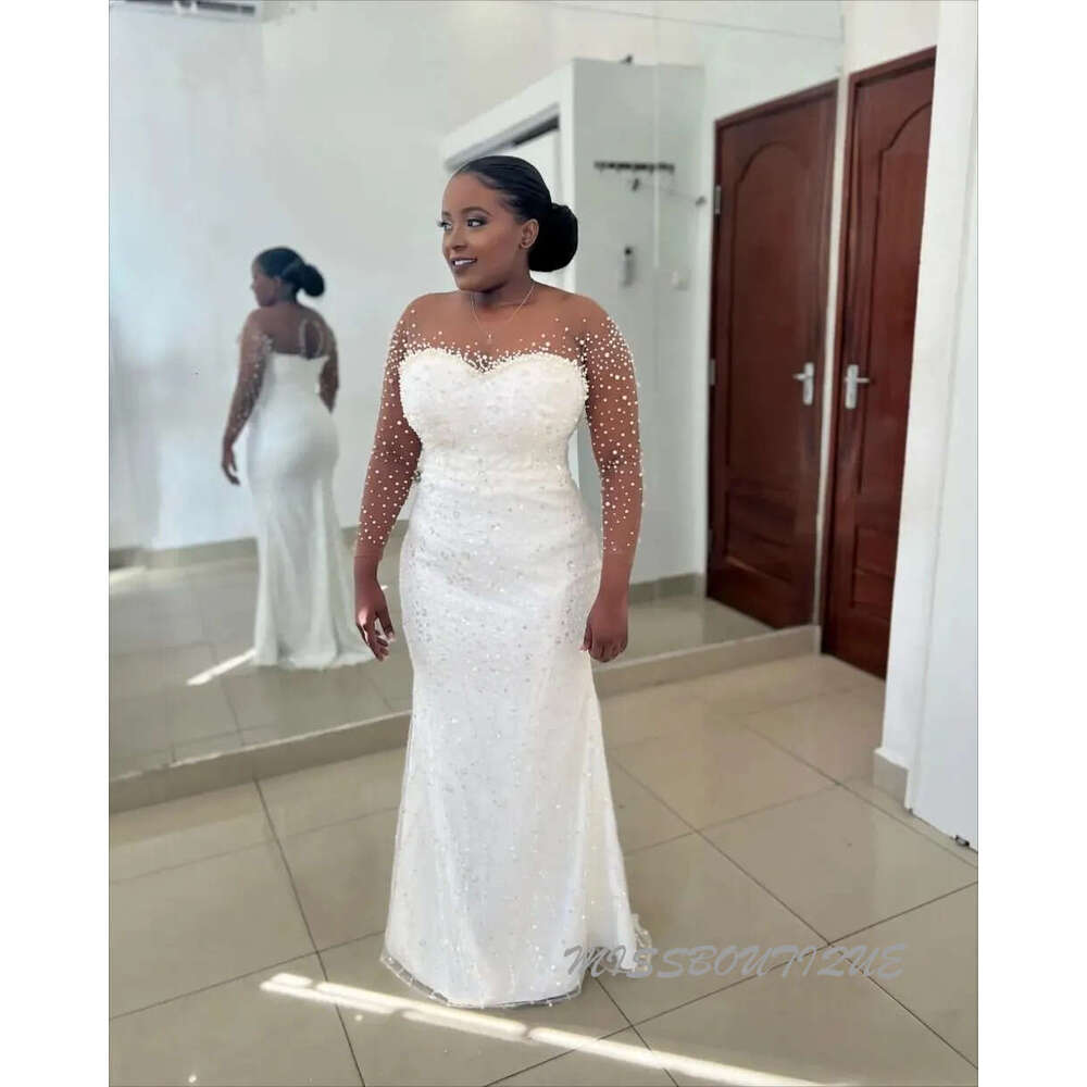 Ivory Satin Mermaid Wedding Dress With Pearls Sequins Full Sleeves And Detachable Train Vestido De Novia 0209