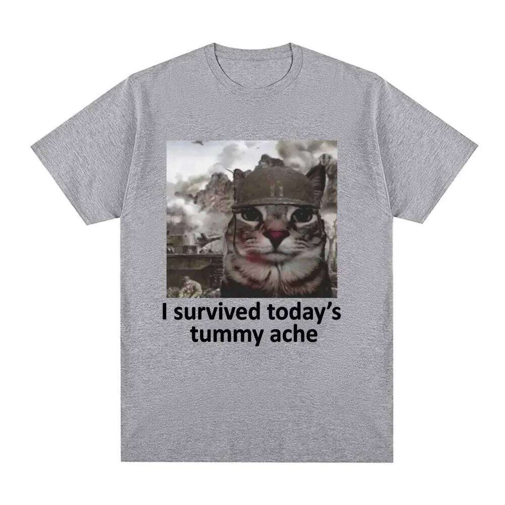 I Survived Today's Tummy Ache T-Shirt Funny Cat Meme Short Sleeve Shirt Men Women Cotton Casual Oversized T Shirts Streetwear X260209