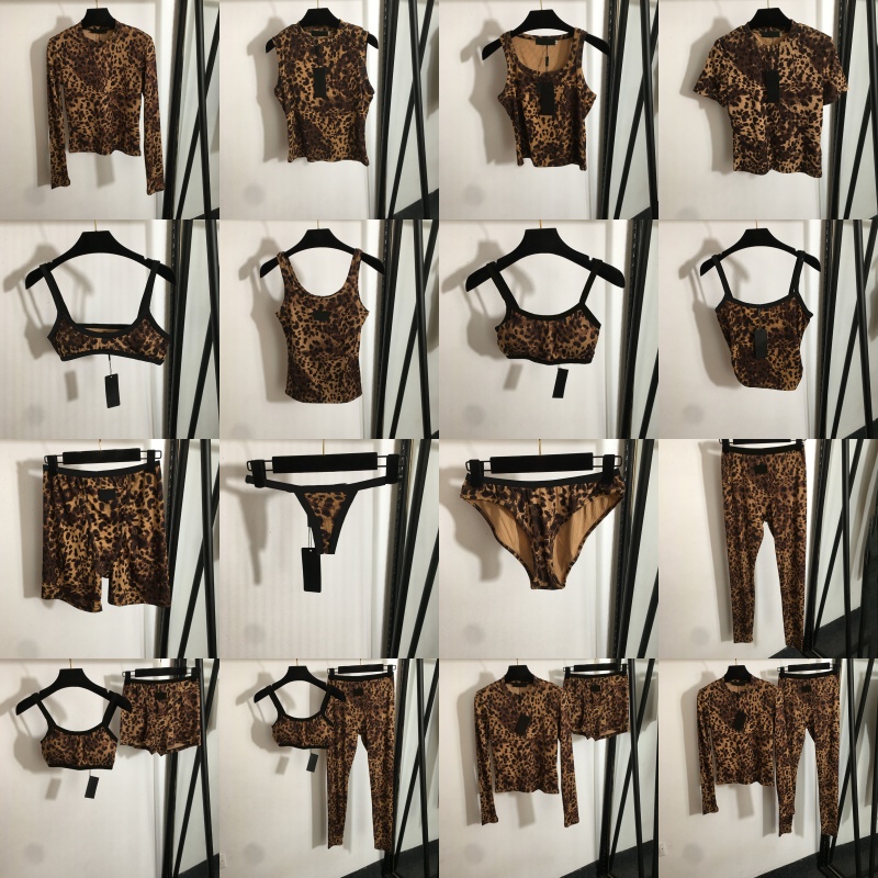 Women Sexy Leopard Print Tank Tops Summer Beach Swim Thongs Charming Yoga Cropped Tops High Waisted Leggings 2PCS