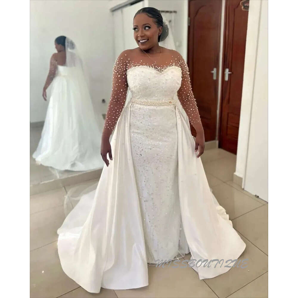 Ivory Satin Mermaid Wedding Dress With Pearls Sequins Full Sleeves And Detachable Train Vestido De Novia 0209