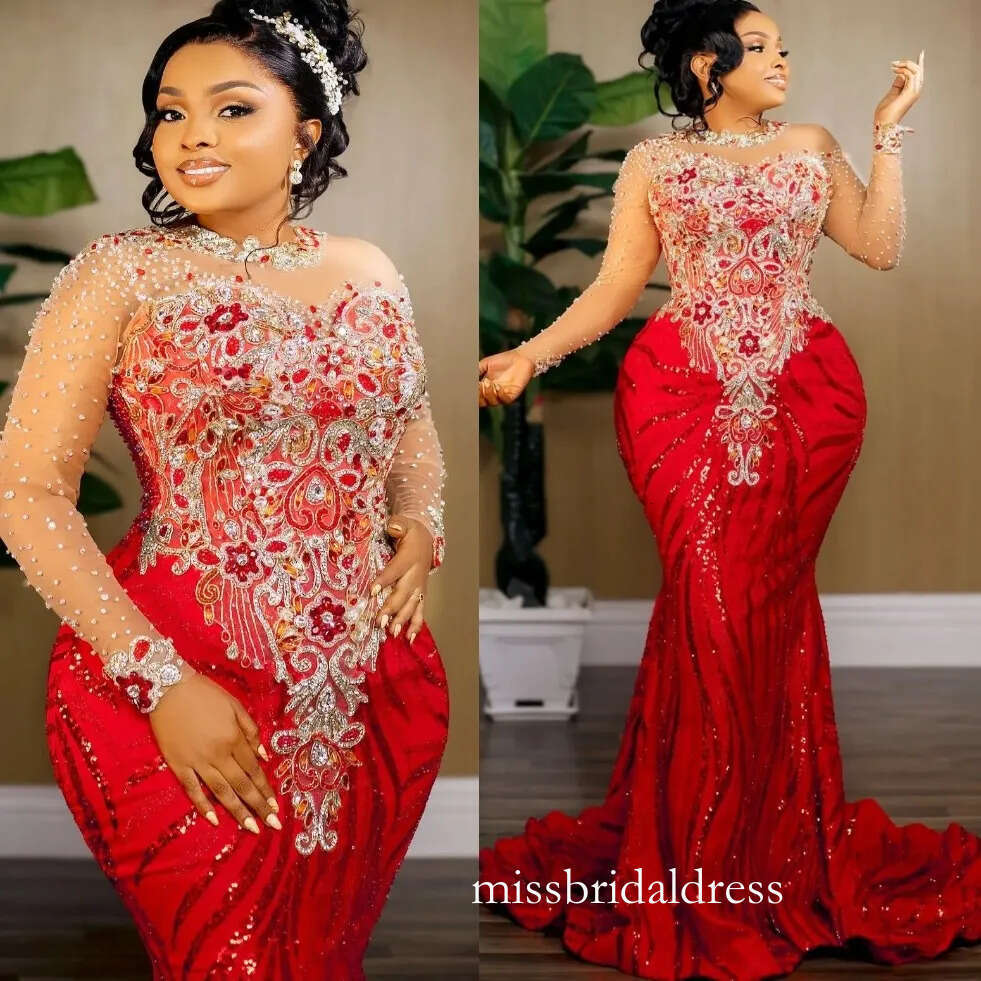 Red Mermaid Prom Dresses 2026 Beaded Lace Full Sleeves Sparkly Evening Formal Party Gowns Plus Size Robe De Soiree Mariee Luxe 0209