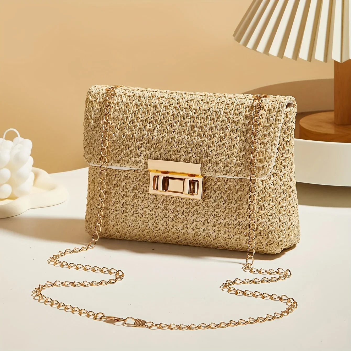 Woven Straw Handwoven Womens Shoulder Bag Fashion Solid Color Crossbody Purse with Lock Clre 260208