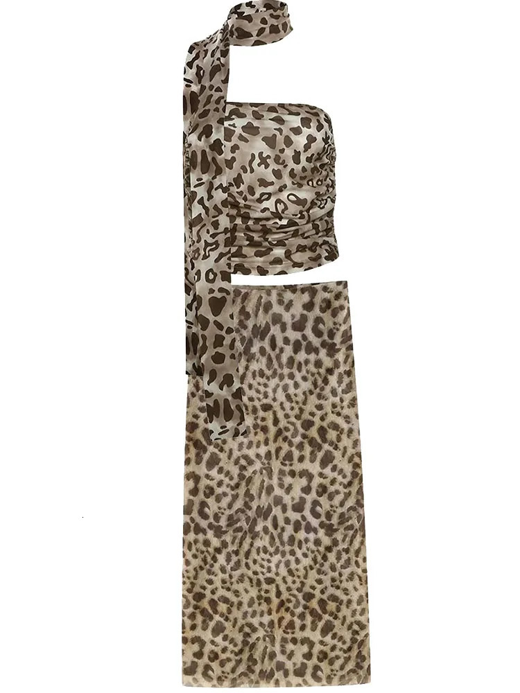 Womens tulle leopard print top shoulder straight neck and leopard print straight skirt summer casual girls two-piece set 260120
