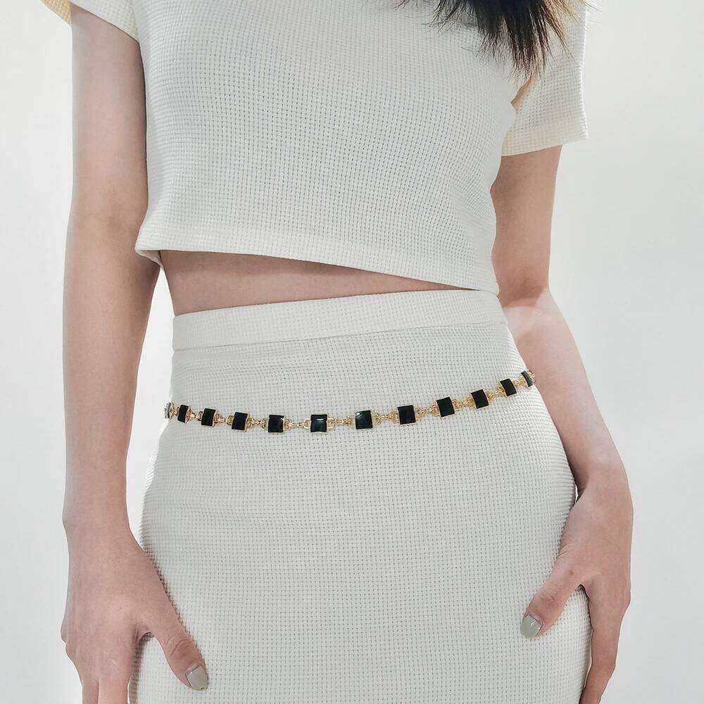 Metal women's waist double-sided black and white square belt body simple chain dress X260209